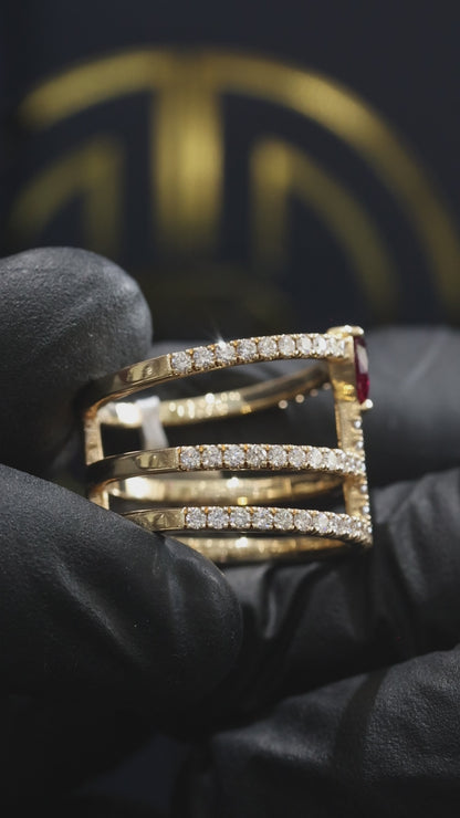 Radiant Ruby Pear Cross-Bar Ring in Yellow Gold | Triple Diamond Band Statement Design