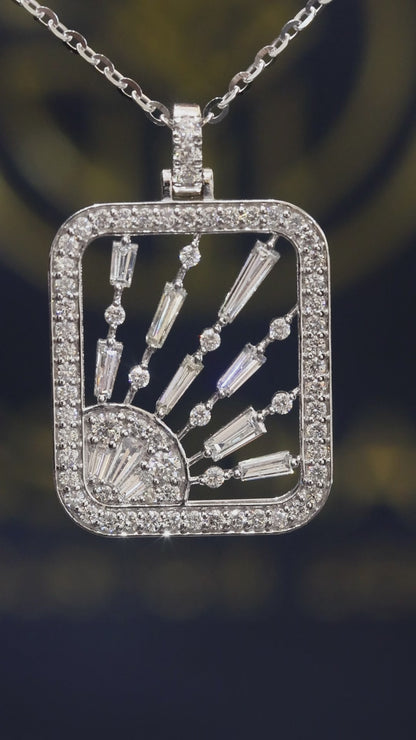 Natural Diamond Sunburst Open-Frame Pendant Necklace in White Gold | Art Deco Radiant Design