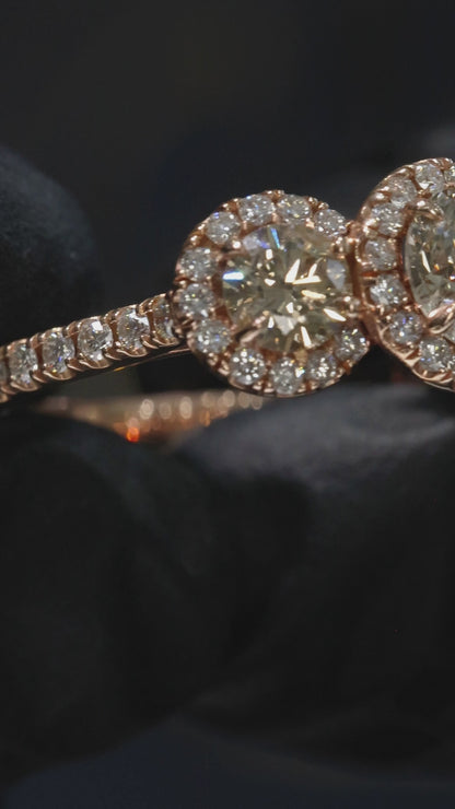 Natural Champagne Diamond Three-Stone Halo Engagement Ring in 14K Rose Gold | Vintage-Inspired Design