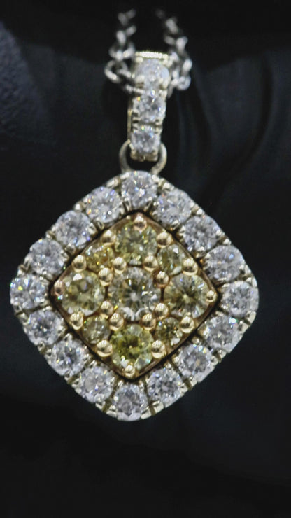 Natural Light Yellow Diamond Cushion Halo Necklace in White Gold | Vintage Floral Design
