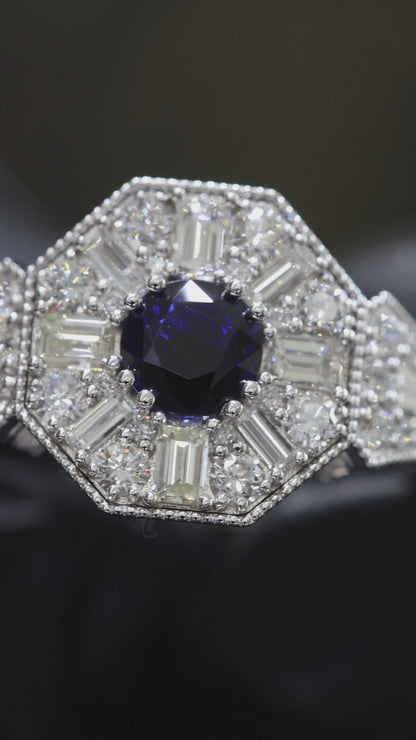 Midnight Hexagon Sapphire Ring in White Gold | Art Deco Baguette Diamond Halo