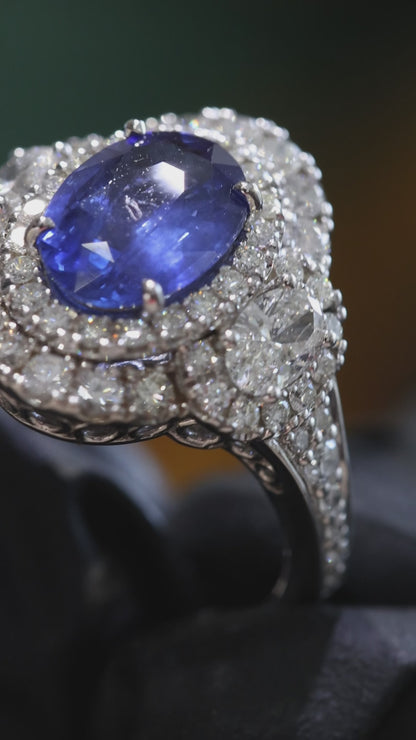 Oval Blue Sapphire Double Halo Ring with Diamond Accents | 4.41 CTW
