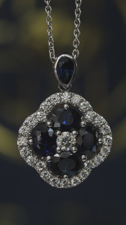Natural Blue Sapphire & Diamond Floral Cluster Pendant Necklace in 14K White Gold | Vintage Halo Design