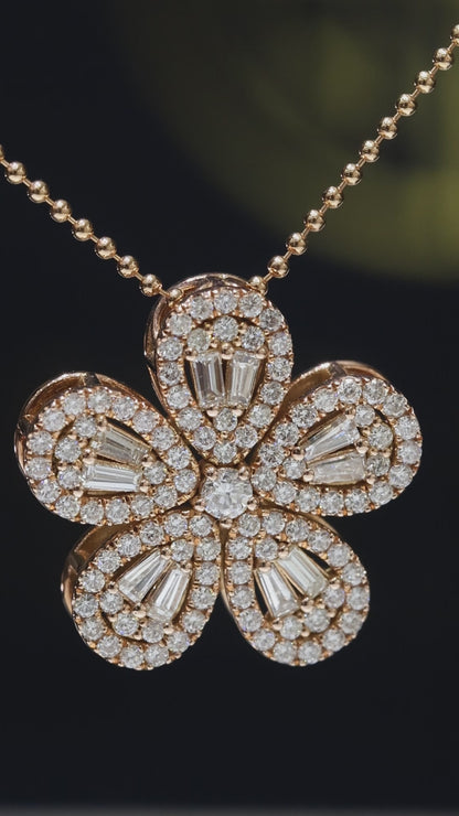 Natural Diamond Floral Pendant Necklace in Rose Gold | Vintage Petal Halo Design