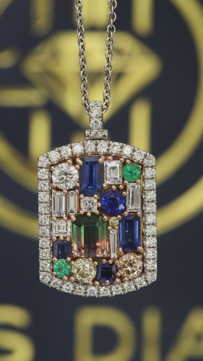 Natural Multi-Gemstone & Diamond Halo Pendant Necklace in 14K White & Rose Gold | Sapphire, Emerald & Fancy Diamond Mosaic