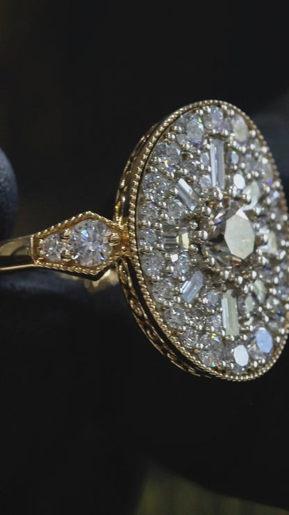 Natural Fancy Brown Diamond Oval Halo Ring with Mixed-Cut Mosaic in Yellow Gold | Vintage-Inspired Statement Design