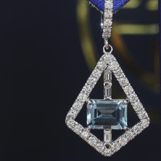 14k yellow gold aquamarine diamond geometric drop earrings with baguette diamonds luxury Houston fine jewelry