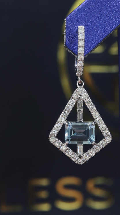 14k yellow gold aquamarine diamond geometric drop earrings with baguette diamonds luxury Houston fine jewelry