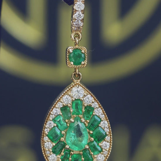 pear emerald diamond halo drop earrings 14k yellow gold luxury emerald jewelry houston