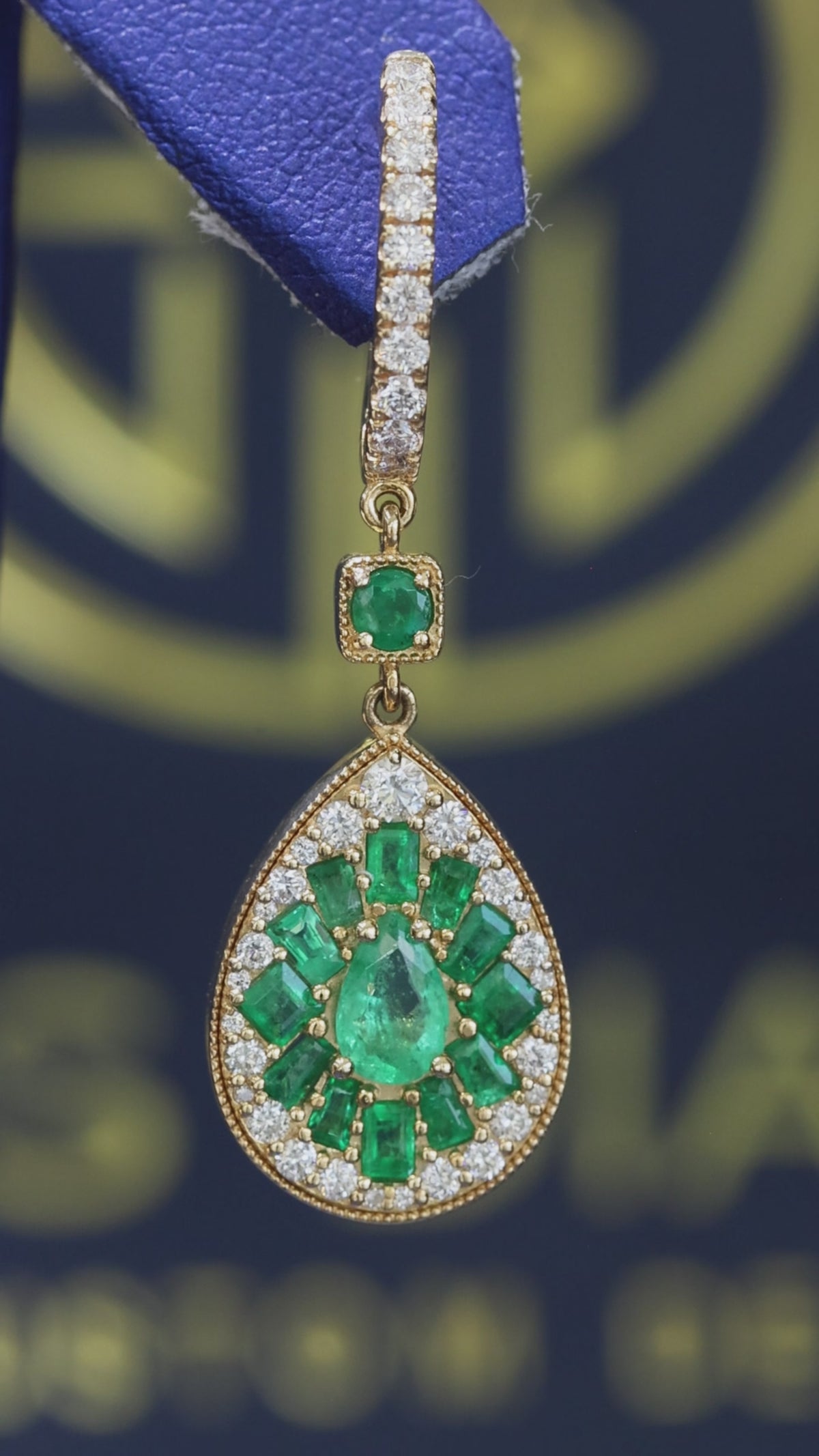 pear emerald diamond halo drop earrings 14k yellow gold luxury emerald jewelry houston