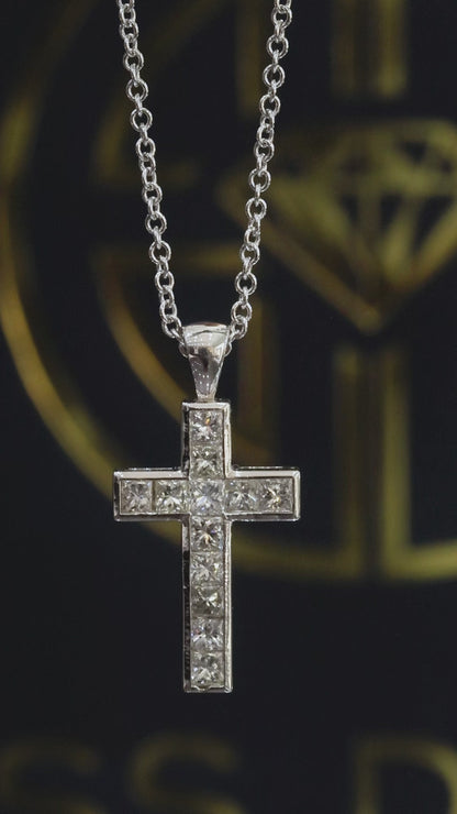 Natural Diamond Cross Pendant Necklace in 14K White Gold | Princess Cut Channel Setting