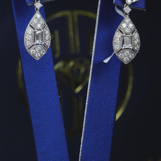Natural sapphire and emerald-cut diamond vintage drop earrings in 14K white gold with 1.15CT G-H SI pavé diamonds – Houston fine jewelry by Endless Diamonds.