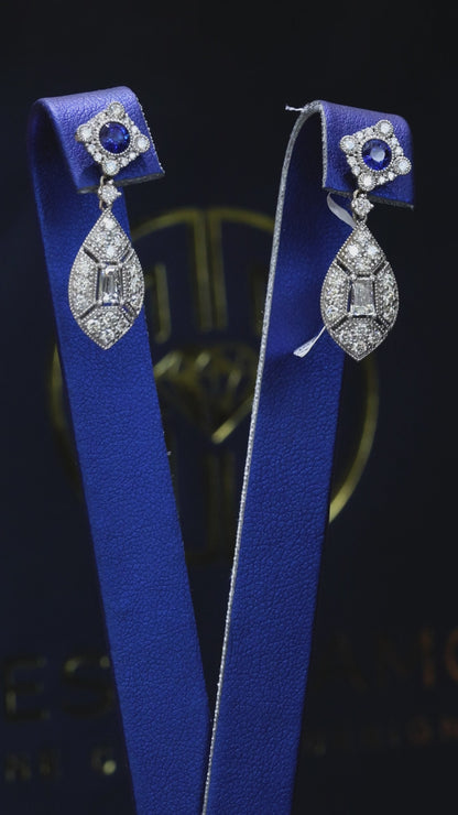 Natural sapphire and emerald-cut diamond vintage drop earrings in 14K white gold with 1.15CT G-H SI pavé diamonds – Houston fine jewelry by Endless Diamonds.