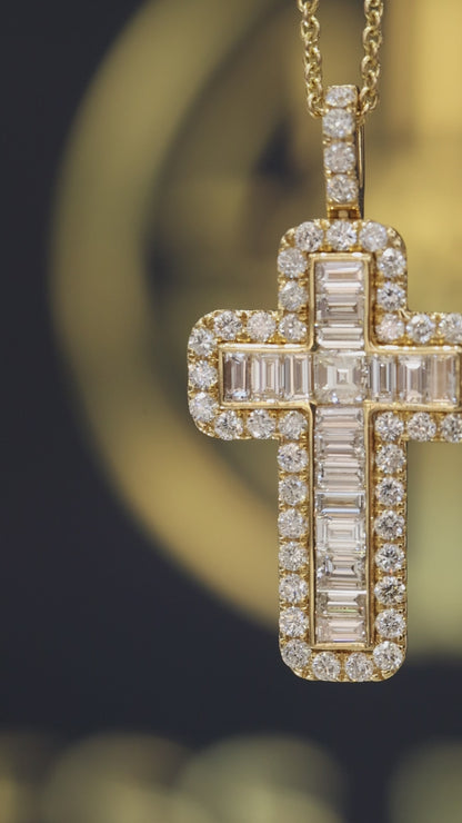 Baguette & Round Diamond Cross Pendant Necklace in 14K Yellow Gold | Modern Halo Design