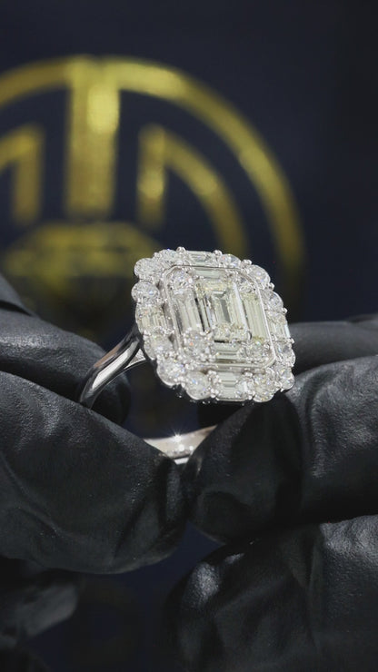 GIA Certified Natural Emerald-Cut Diamond Double Halo Engagement Ring in White Gold | Luxury Step-Cut Design