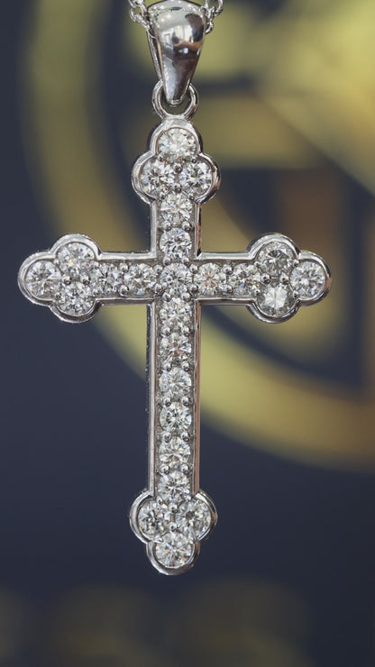 Natural Round Brilliant Diamond Cross Necklace in 14K White Gold | Bezel & Cluster Design