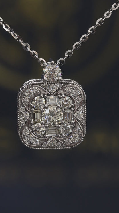 Natural Diamond Floral Square Halo Pendant Necklace in White Gold | Open Gallery Back