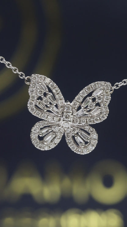 Natural Diamond Butterfly Necklace in White Gold | Pavé & Baguette Design