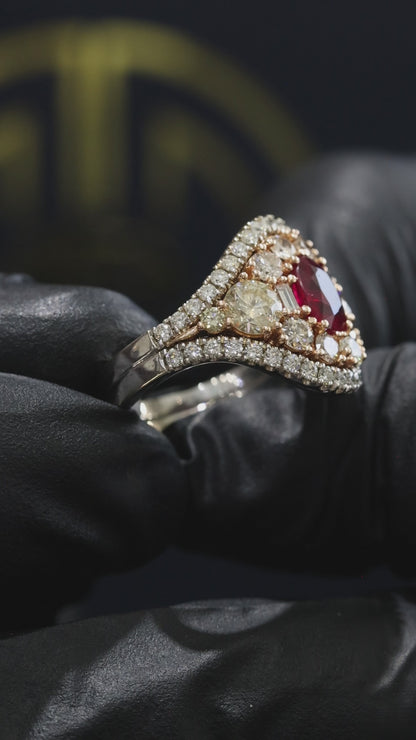Royal Teardrop Ruby Halo Ring in White Gold | Vintage-Inspired Diamond Cluster Design