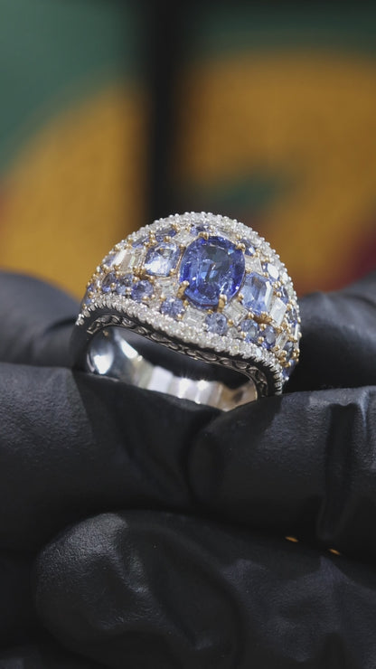 Dome Blue Sapphire Diamond Cluster Ring 14k White Gold | 3.24 CTW