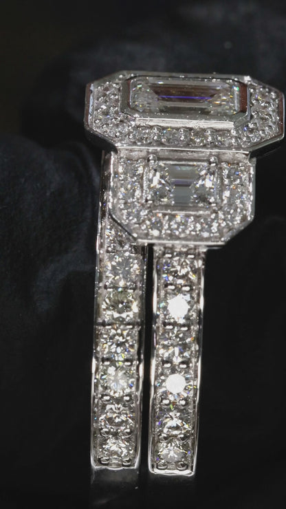 Natural Emerald-Cut Diamond Halo Engagement Ring with Double Halo Accents in White Gold | Luxe Statement Design