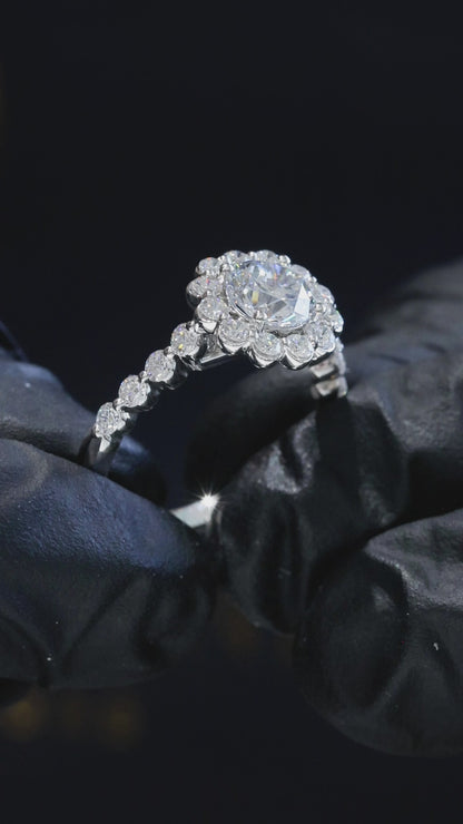 Round-Cut Lab-Grown Diamond Halo Wedding Band in White Gold | Prong-Set Floral Design