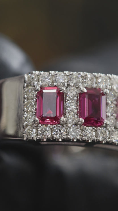 Crimson Gallery Ruby Eternity Band in White Gold | Emerald-Cut Rubies with Diamond Halo Rows