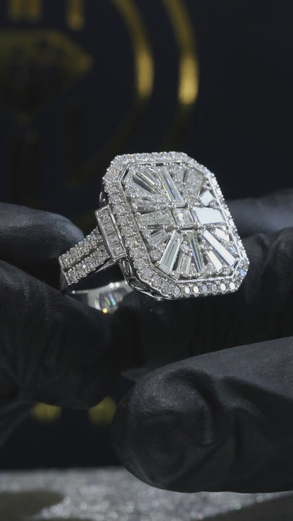 Natural Diamond Cushion Halo Ring with Mixed-Cut Baguette Mosaic in White Gold | Vintage-Inspired Statement Design