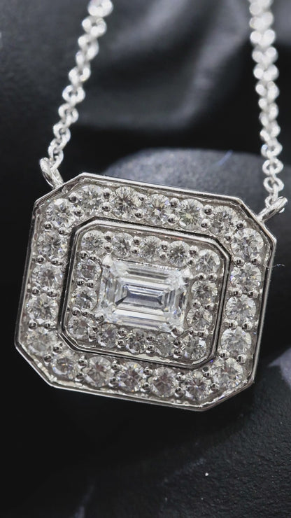 Natural Emerald-Cut Diamond Halo Necklace in White Gold | Double Frame Design