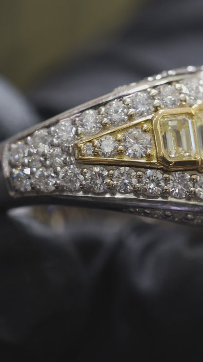 Fancy Yellow Baguette & Round Diamond Band in White & Yellow Gold | 3.53 CTW