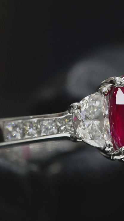 GIA Certified Natural Oval Ruby & Diamond Engagement Ring in Platinum | Classic Three-Stone Design