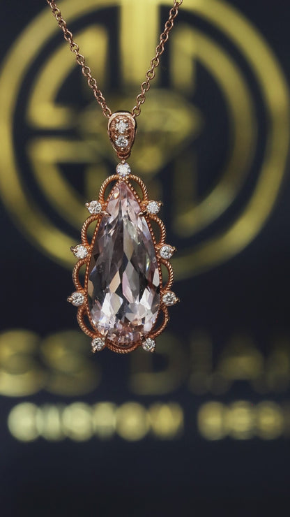 14K rose gold pear shaped morganite pendant with 5.88 carat center stone and 0.15 carat G-H SI diamond rope halo design