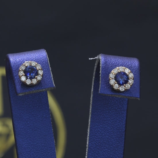 Natural round sapphire diamond halo stud earrings in 14K yellow gold with 0.20CT G-H SI diamonds – fine Houston jewelry by Endless Diamonds.