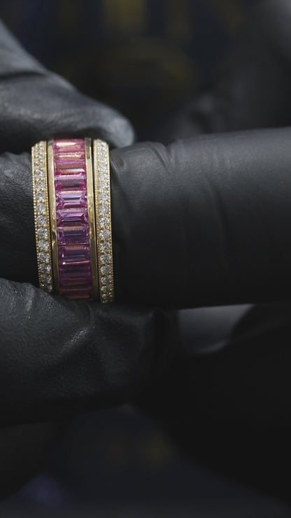 Pink Sapphire Baguette Eternity Band in White Gold | Diamond-Framed Channel Design