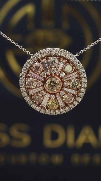 Natural Fancy Yellow Diamond Halo Medallion Pendant in Two-Tone Gold | Radiant Sunburst Design