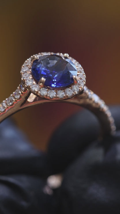 Sapphire & Diamond Halo Ring in 14K Rose Gold | 1.25 CT TW