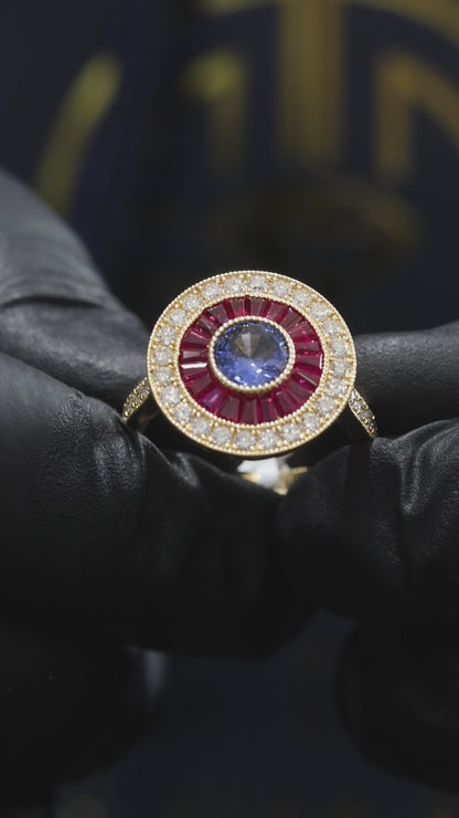 Imperial Sapphire & Ruby Sunburst Halo Ring in Yellow Gold | Diamond-Accented Vintage Medallion Design