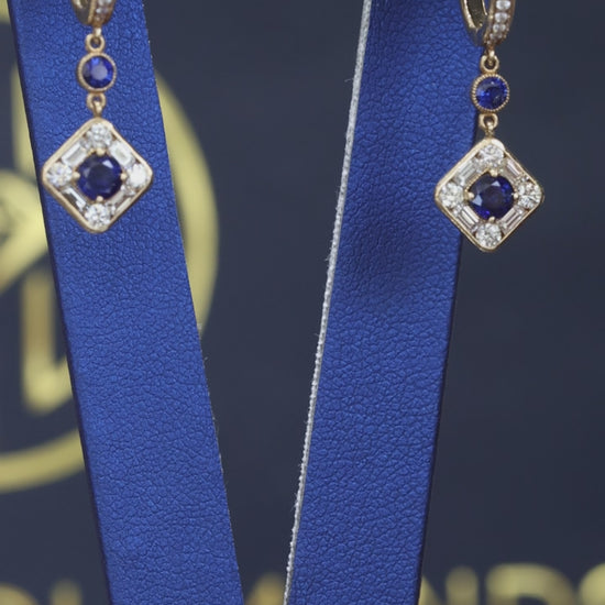 Natural sapphire diamond geometric drop earrings in 14K yellow gold with 9.00CT sapphires and 0.82CT G-H SI diamonds – Houston fine jewelry by Endless Diamonds.