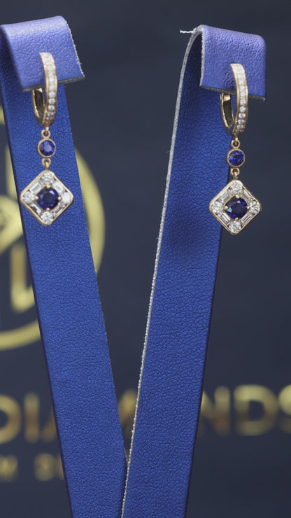 Natural sapphire diamond geometric drop earrings in 14K yellow gold with 9.00CT sapphires and 0.82CT G-H SI diamonds – Houston fine jewelry by Endless Diamonds.