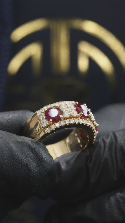 Regal Oval Ruby Diamond Band in Yellow Gold | Triple-Stone Ruby Row with Diamond Pave