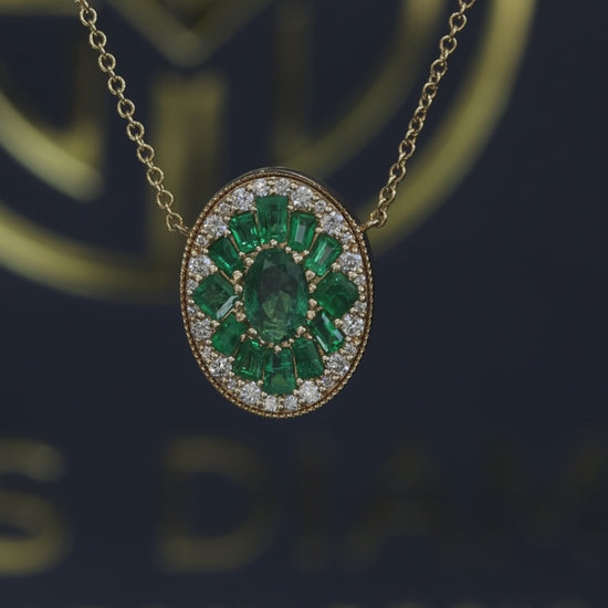 14K yellow gold emerald cluster halo pendant with 1.00 carat oval emerald and 0.20 carat G-H SI diamond frame
