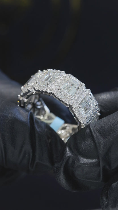 Emerald-Cut Lab-Grown Diamond Eternity Band with Halo Accents in White Gold | Luxury Prong-Set Design