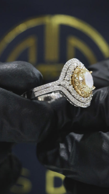 GIA Certified Natural Yellow Diamond Halo Engagement Ring in White Gold | Double Halo Luxury Design