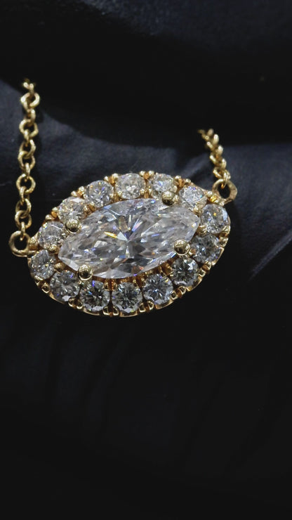 Natural Marquise Diamond Halo Pendant Necklace in 14K Yellow Gold | Round Brilliant Diamond Accent