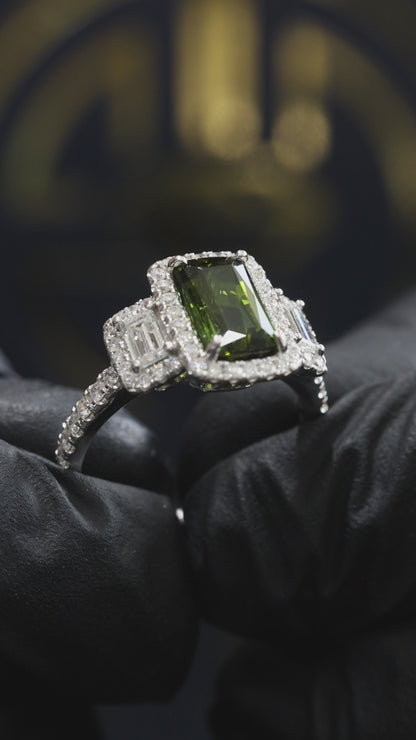 Emerald-Cut Green Tourmaline Halo Ring in White Gold | Diamond Accents & Elegant Setting