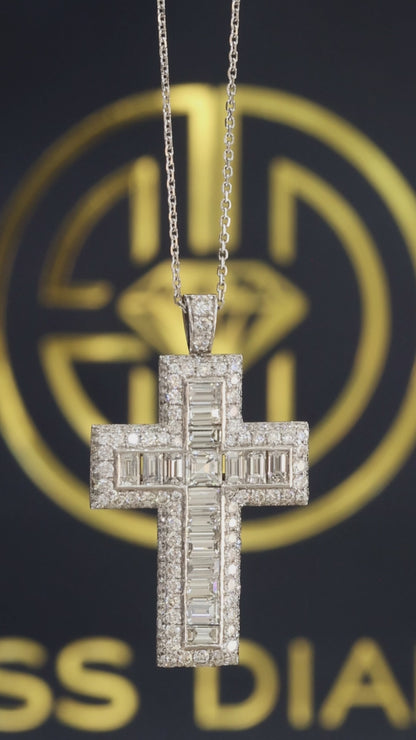 Natural Diamond Baguette & Round Cross Pendant Necklace in 14K White Gold | G–H / VS–SI