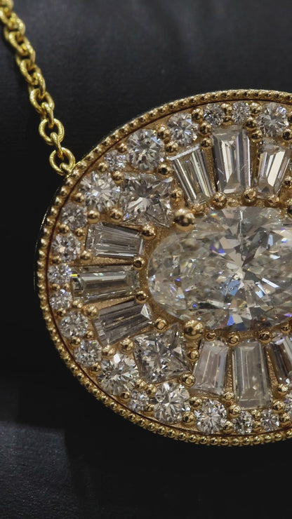 Natural Diamond Oval Halo Medallion Pendant in Yellow Gold | Vintage Sunburst Design