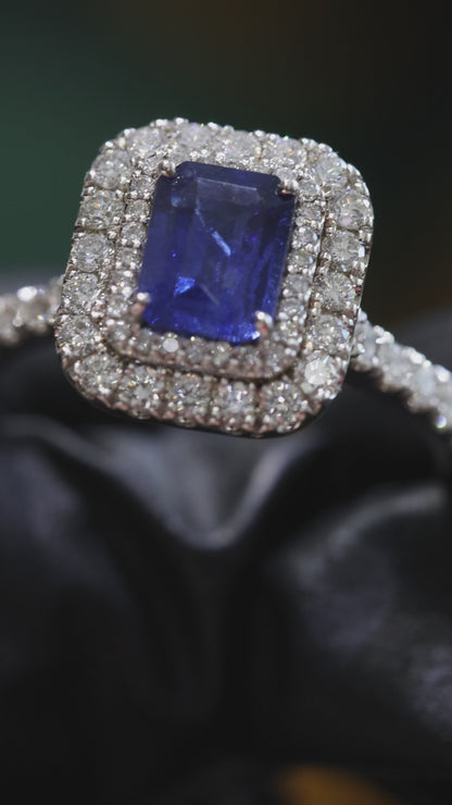 Square Blue Sapphire Double Halo Ring with Diamonds | 1.70 CTW