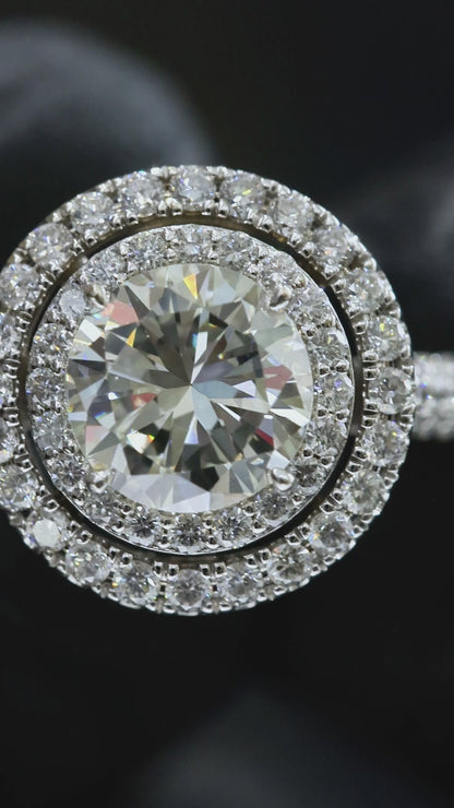 GIA Certified Natural Round Diamond Halo Engagement Ring with Pavé Band in White Gold | Classic Double Halo Design