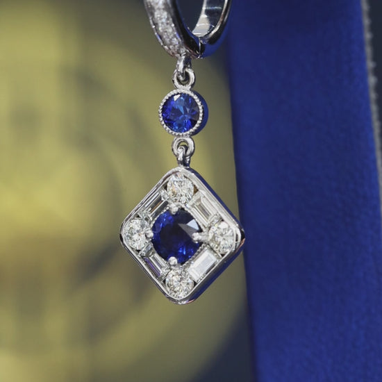 Natural sapphire diamond geometric drop earrings in 14K white gold with 0.90CT sapphires and 0.82CT G-H SI diamonds – Houston fine jewelry by Endless Diamonds.